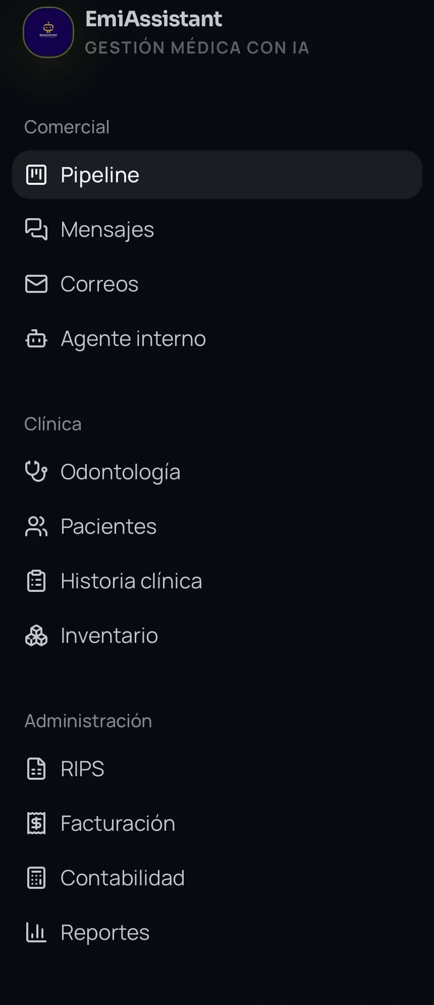 Menú en el celular en EmiAssistant